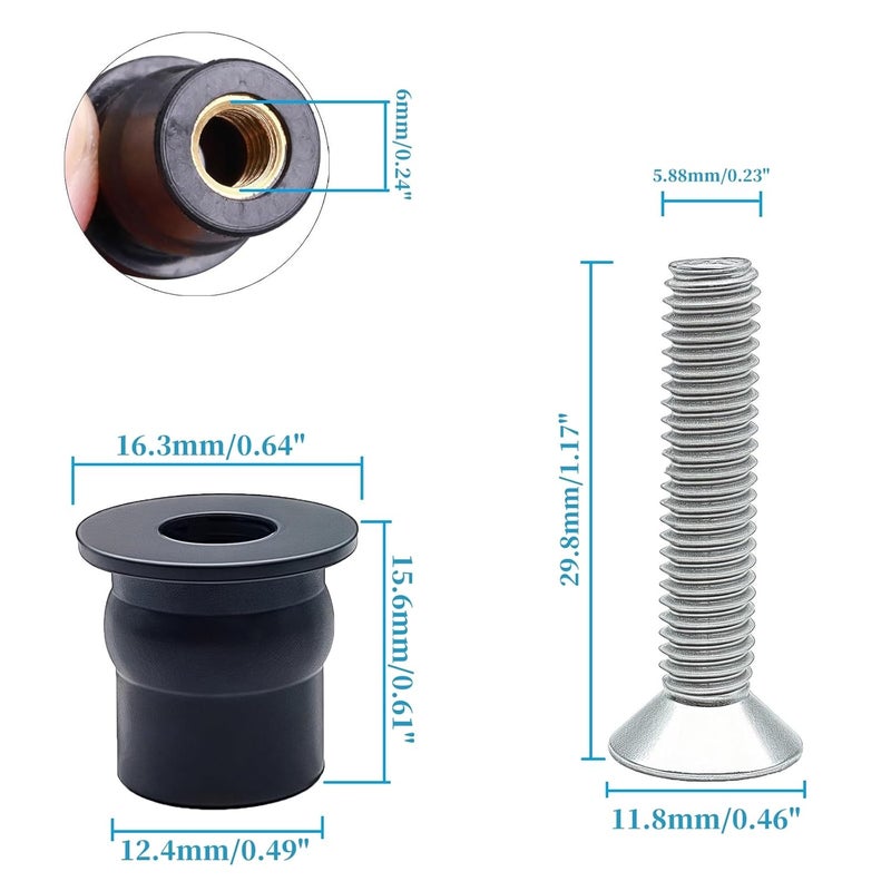 MAYEHAY 24 Pairs of M6 Neoprene Well Nuts M6 x 30mm Stainless Steel Hex Socket Bolts Well Nuts Kit for Kayak Motorcycle Windscreen Accessories,Neoprene nut Contains Brass Nuts Copper nut - Image 3